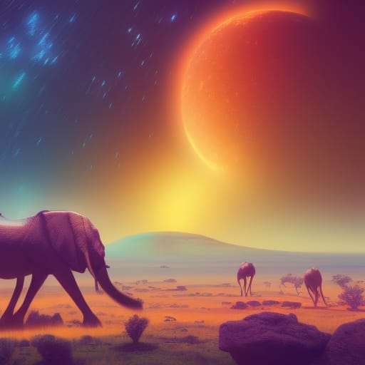 elephant, serengeti under the starry sky and red moon